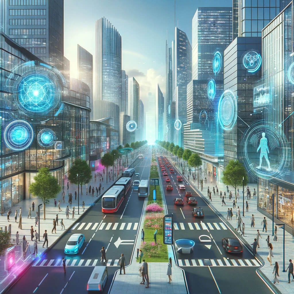 A modern cityscape blending futuristic technology with everyday life. The scene shows a bustling city with advanced, sleek buildings. Holographic display